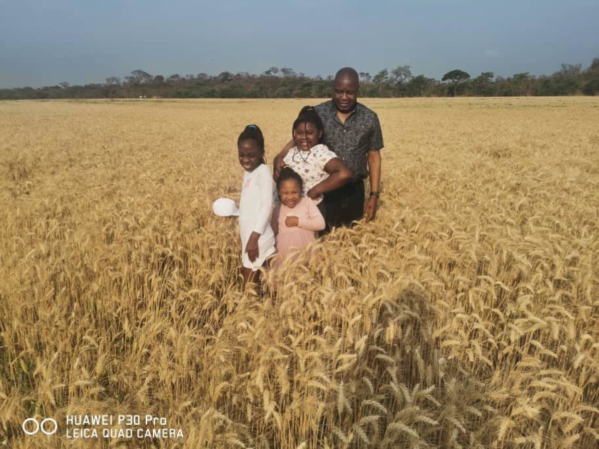 Christopher Mutsvangwa with his granddaughters amidst the ripe wheat