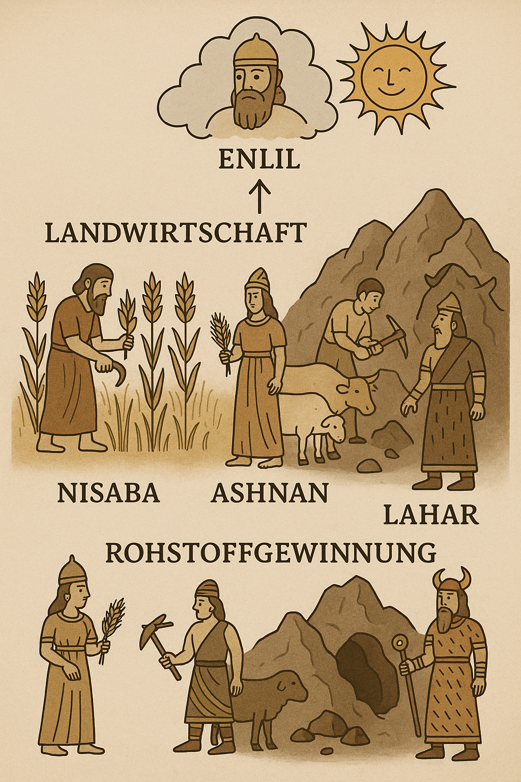 Goetter Mesopotamien Agrar und Minen chatGPT